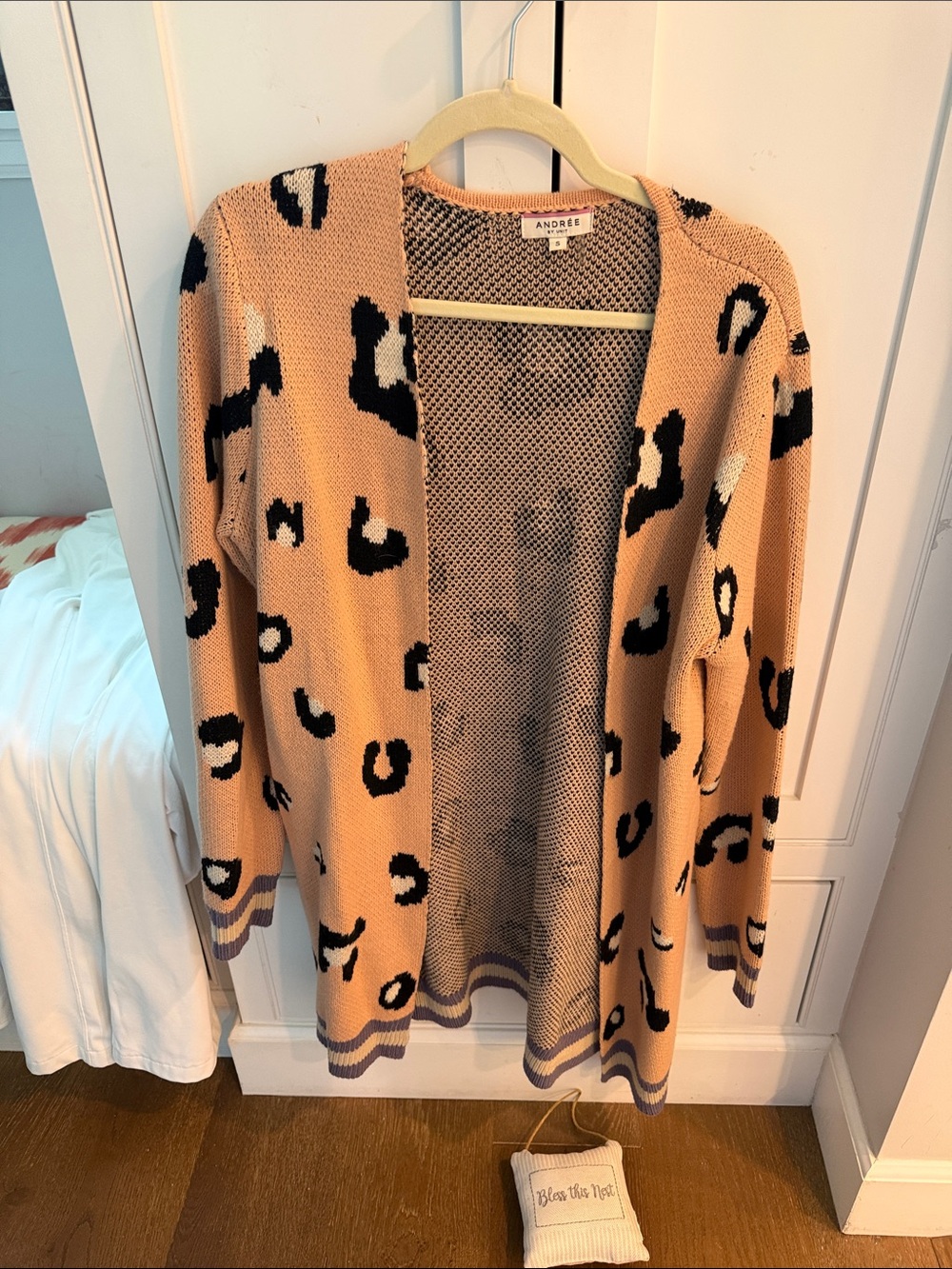 Andree Peach Leopard-Print Open Cardigan with Black and Cream Spots